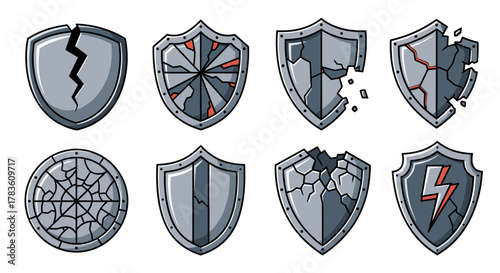 Set of eight cracked and broken shield icons, featuring various damage patterns like cracks, shattered pieces, and a lightning bolt symbol, presented in a cartoon vector style on a clean white