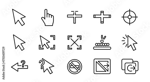 Collection of outline linear cursor symbols and icons for graphic and web design, apps, adverts, and various cards. Vector cartoon illustration featuring a white background with diverse pointer