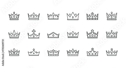 Collection of 18 distinct line art crown icons, perfect for graphic and web design, apps, adverts, and various cards. These outline signs represent royalty, power, and success, suitable for diverse