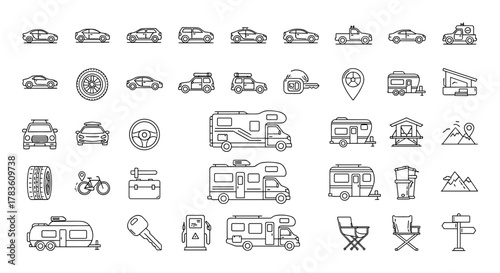 Collection of Motorhome and Car Related Line Icons: Outline Signs for Graphic and Web Design, Apps, Advertisements, Various Cards, Vector Cartoon Illustration, Transportation and Travel Icons
