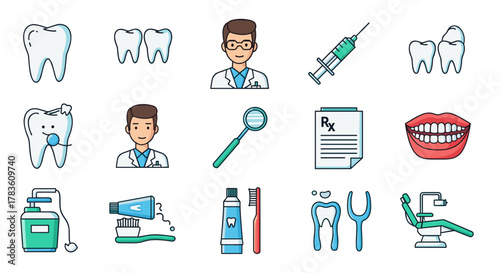 Vibrant and modern flat icon set representing dental care and oral hygiene, featuring teeth, a dentist, syringe, prescription, dental mirror, toothbrush, toothpaste, dental floss dispenser, and a