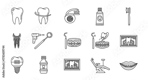 Comprehensive dentistry line icon pack featuring teeth, dental floss, caries, cleaning outline signs, and dental tools, ideal for graphic and web design, apps, adverts, and various cards, presented