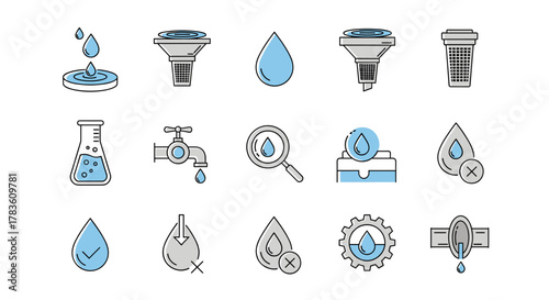 Collection of minimalistic water-related icons and pictograms, including drops falling into a petri dish, water filters, a simple water drop, a laboratory flask, a faucet, a magnifying glass over a