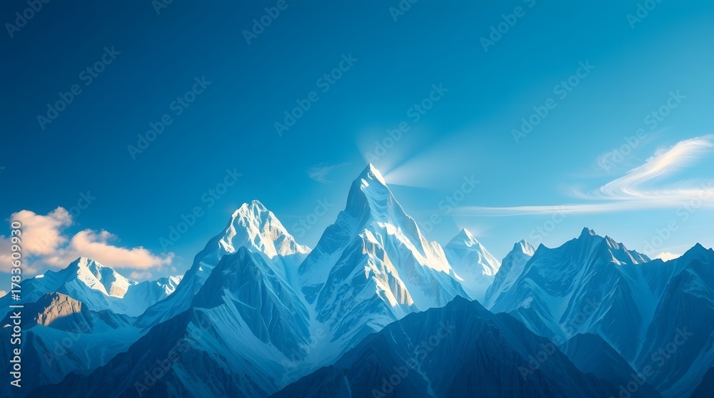 Fototapeta premium A majestic mountain range under a clear blue sky, with snowcapped peaks glistening in the sunlight, creating a breathtaking and serene landscape, inviting exploration and wonder