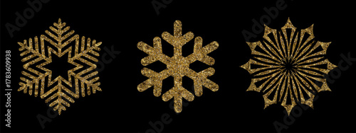 Merry Christmas 2026. Exquisite golden snowflakes made of sparkling tinsel.