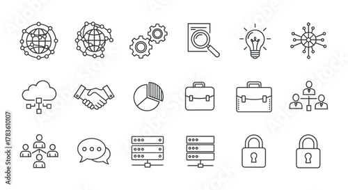A collection of clean, modern line icons representing business and technology concepts, including global networks, cloud computing, gears, analytics, ideas, teamwork, communication, data servers, and