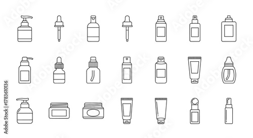 Collection of simple linear outline icons representing various cosmetic bottles and containers, including pump dispensers, dropper bottles, spray bottles, and tubes, perfect for beauty and skincare