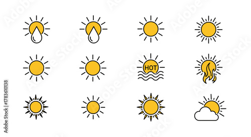 Set of twelve simple yellow sun icons with rays, representing various weather conditions and heat, including sun with water drops, sun with flames, sun over waves with 'HOT' text, sun behind a cloud