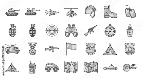 Collection of Army and Military Outline Icons, Editable Stroke, Perfect for Infographics, Articles, Books, Flyers, Banners, Vector Cartoon Illustration with Tanks, Jets, Helicopters, Grenades