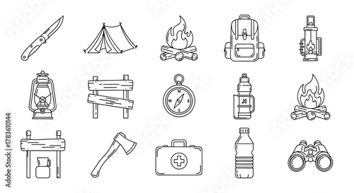 Collection of camping line icons, including a folding knife, tent, campfire, backpack, lantern, wooden sign, compass, thermos, axe, first aid kit, water bottle, and binoculars, perfect for graphic
