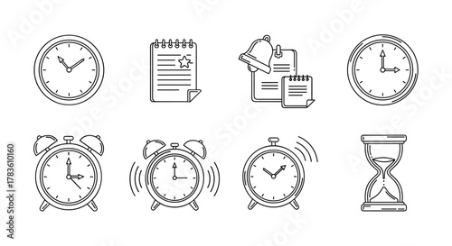 Collection of clock signs, reminder, alarm, and hourglass, drawn with a thin line for graphics, cards, websites, and apps. Vector cartoon illustration with a minimalist aesthetic, perfect for time