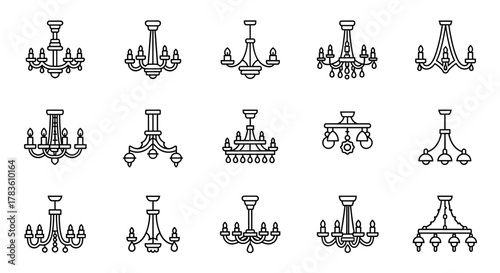 A collection of fifteen simple, thin-lined vector icons representing various chandelier designs, perfect for web, books, cards, and apps, presented on a clean white background for versatile use in