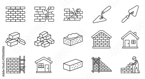 Collection of line art icons related to brick walls and construction, featuring bricks, trowels, houses, scaffolding, and a bricklayer, perfect for infographics, articles, books, flyers, and banners
