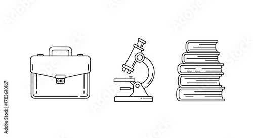 Collection of thin line icons representing a briefcase, a microscope, and a stack of books, perfect for apps, websites, banners, infographics, and various design projects, conveying concepts of