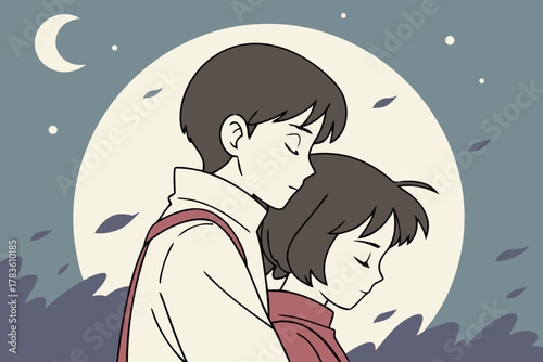 Tender moment of a young couple in love, embracing under a starlit sky with a full moon