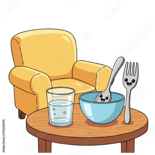 Cartoon illustration of a table with a glass of water, bowl, spoon, and fork next to a yellow armchair.