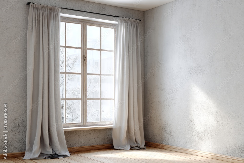 Fototapeta premium Empty interior room features large paneled window covered by flowing light fabric draperies