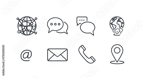 Collection of eight modern line icons representing communication and contact methods, including a global network, speech bubbles, an email envelope, a telephone receiver, an '@' symbol, a world map