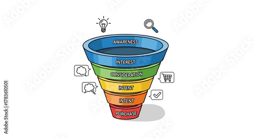 Colorful 3D sales funnel diagram illustrating the stages of customer journey from awareness to purchase, with icons representing ideas, search, communication, and shopping cart, perfect for business