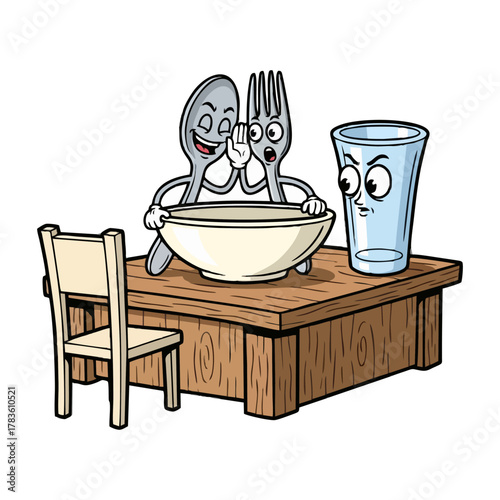Cartoon of anthropomorphic cutlery and glass at a table.