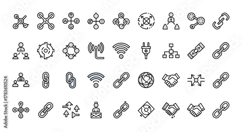 A comprehensive collection of connected and network-related filled line icons, featuring drones, chain links, global connections, and handshake symbols, all with editable strokes and presented on a