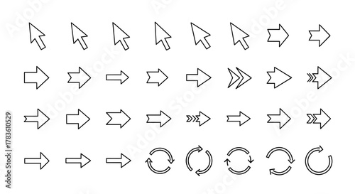 Collection of black vector arrows and cursors, featuring modern, simple designs for web design, UI elements, and graphic resources. This set includes various arrow types like pointer, directional