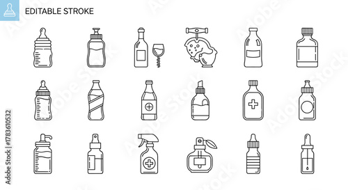 Collection of various bottle icons with editable stroke, suitable for web, books, cards, and apps. This vector cartoon illustration features a white background and includes baby bottles, medicine