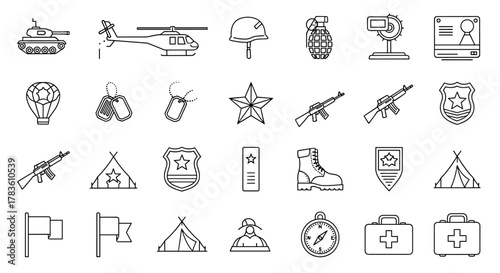 Army and Military Outline Icon Collection: A comprehensive set of editable stroke vector cartoon illustrations perfect for infographics, articles, books, flyers, and banners, featuring tanks