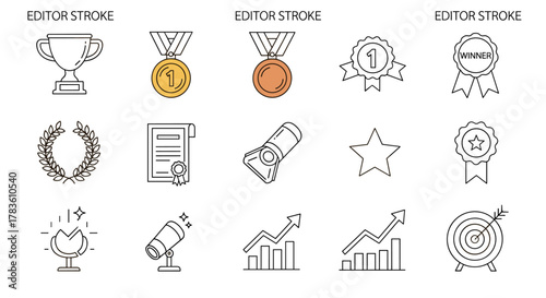 Collection of simple award and success icons with editable stroke, perfect for infographics, articles, books, flyers, and banners, featuring a trophy, medals, laurel wreath, certificate, spotlight