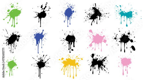 Set of paint splash colorful shapes. Round ink flat splashes, decorative shapes of liquids. Holi spring festival set. Isolated vector illustration