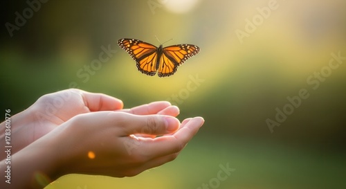 A butterfly gracefully hovers above open hands in a serene outdoor environment, symbolizing freedom and beauty.