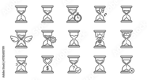 Collection of diverse hourglass icons in a line art style, representing various concepts such as time passing, broken time, time for ideas, financial time, love time, and time management, suitable