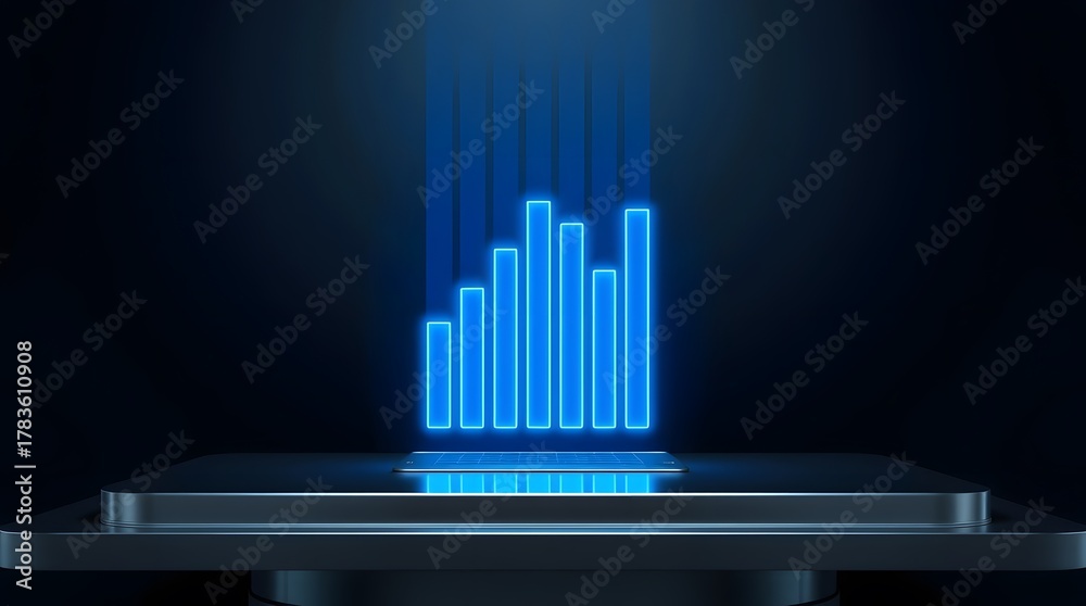 Obraz premium A captivating 3d render showcases a vibrant blue equalizer display, emanating a futuristic glow against a sleek, dark backdrop, symbolizing technology and innovation