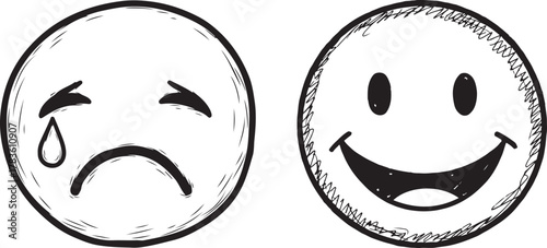 Hand-drawn Doodle Style Happy and Sad Emoji Faces Vector Illustration