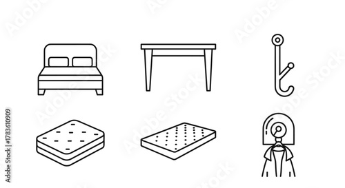 A minimalist, clean-lined vector illustration featuring essential furniture icons: a comfortable bed with pillows, a sturdy table, two distinct mattresses, and a functional coat hook, perfect for