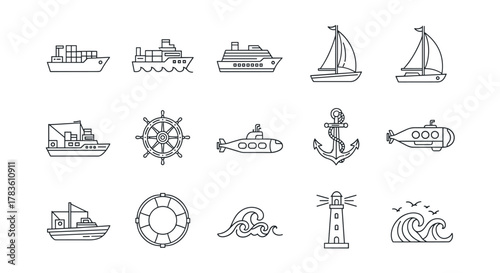A comprehensive collection of thin line icons representing various maritime vessels and nautical elements, including cargo ships, cruise liners, sailboats, submarines, anchors, ship wheels