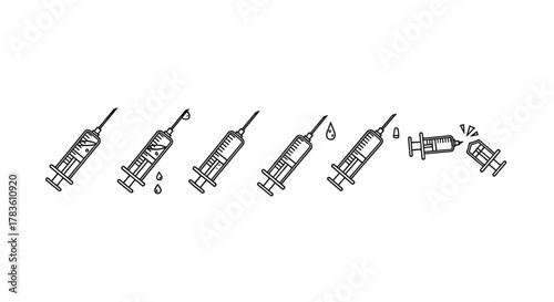 A set of six stylized, thin-line vector cartoon illustrations of syringes on a clean white background, depicting various stages of use including liquid fill, dripping, and a broken syringe, perfect