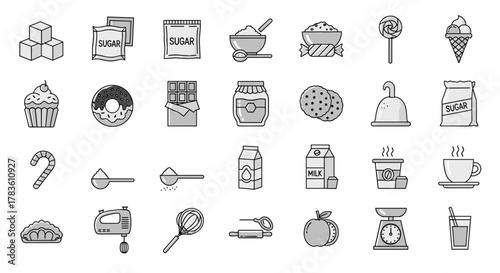 A comprehensive collection of editable stroke outline icons representing various sweet treats and baking ingredients, isolated on a clean white background. This pixel-perfect vector illustration