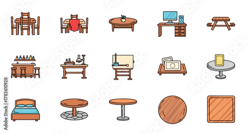 A vibrant collection of flat design icons representing various tables and furniture, perfect for UI elements, placards, books, and apps. This editable stroke vector cartoon illustration is suitable