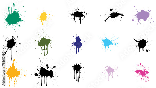 Ink drops and splashes. Blotter spots, liquid paint drip drop splash and ink splatter.  Different hand drawn spray design elements. Blobs and spatters
