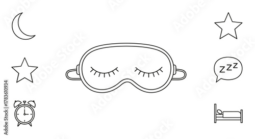 Collection of simple line art icons representing sleep and nighttime, including a sleep mask, crescent moon, stars, alarm clock, a bed with a person sleeping, and a speech bubble with 'zzz' for