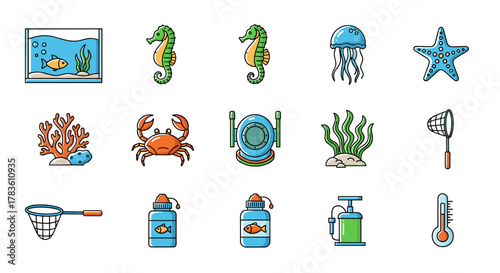 Vivid cartoon illustration of an ordered set of thin icons related to aquariums and marine life, presented on a clean white background. Includes fish, seahorses, jellyfish, starfish, coral, crab