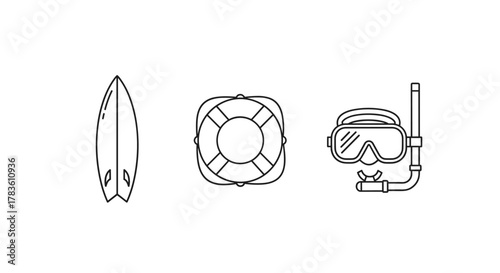 Minimalistic linear icon set featuring a surfboard, a lifeline, and a diving mask, presented in a clean, outline style. This vector graphic is perfect for web design, app interfaces, social media