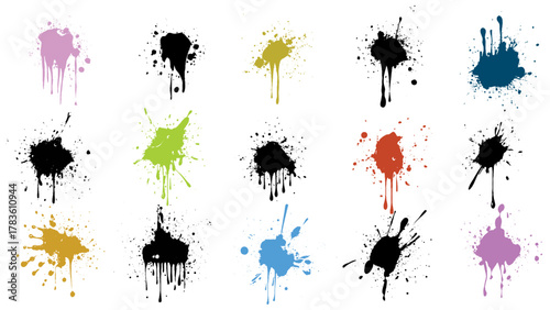 Paint splatter colorful set. Round splash flat collection, decorative shapes liquids. Different splashes and drops, cartoon spatters. Stain colored ink collection. Isolated vector illustration