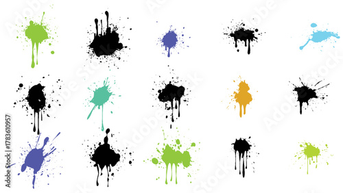 Paint splatter colorful set. Round splash flat collection, decorative shapes liquids. Different splashes and drops, cartoon spatters. Stain colored ink collection. Isolated vector illustration