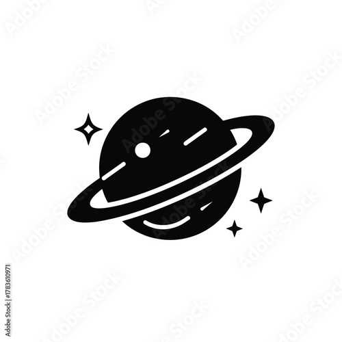 Black Planet with Rings and Stars Icon on Transparent Background Design