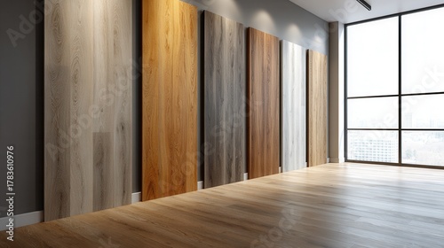 A collection of wood panel samples showcased in a contemporary showroom with large windows. Ideal for interior design inspiration.