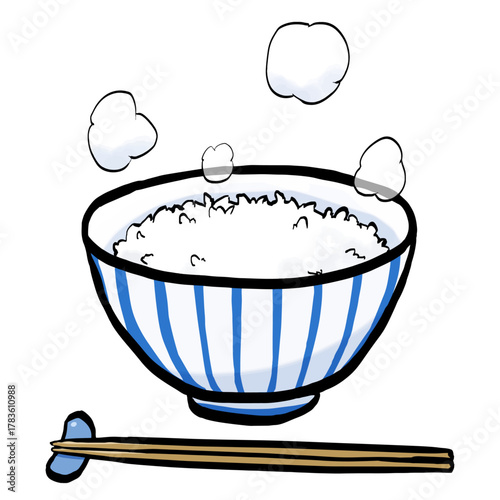 ごはんと箸と湯気のイラスト （筆タッチ） シンプル 朝食 / Steaming Bowl of Rice with Chopsticks