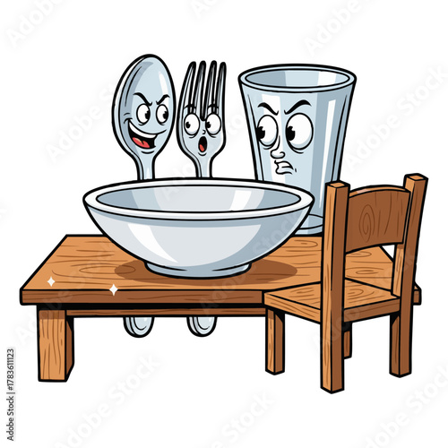 Cartoon illustration of anthropomorphic tableware on a table.