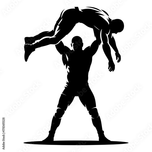 silhouette of wrestler lifting opponent overhead in powerful move black and white vector illustration of strength